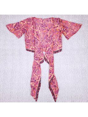 Silk Blend Blouse Sz L Pink Paisley Tie Front Butterfly Sleeve Boho Summer Flowy